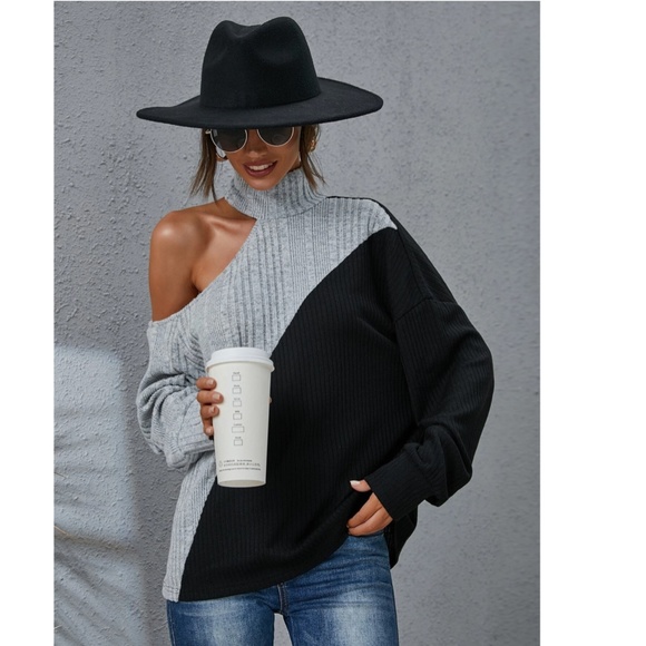 Colorblock Grey and Black Long Sleeve Tee Shirt Rib Knit Cut Out One Shoulder - Picture 7 of 9